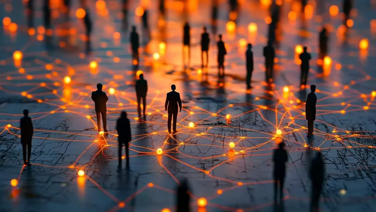 Silhouetted figures on a network map with glowing nodes, captured from a low angle