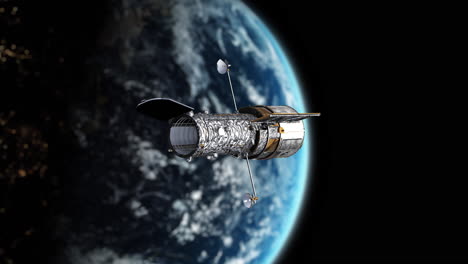Hubble-Weltraumteleskop-Hoch-über-Der-Erdatmosphäre-Mit-Nachtlichtern-Der-Stadt,-Die-Sich-Ausrichten,-Um-Bilder-Von-Sternen,-Galaxienuniversum-Mit-Sonnenkollektoren-Aufzunehmen-–-Realistische-3D-CGI-Animation-4k