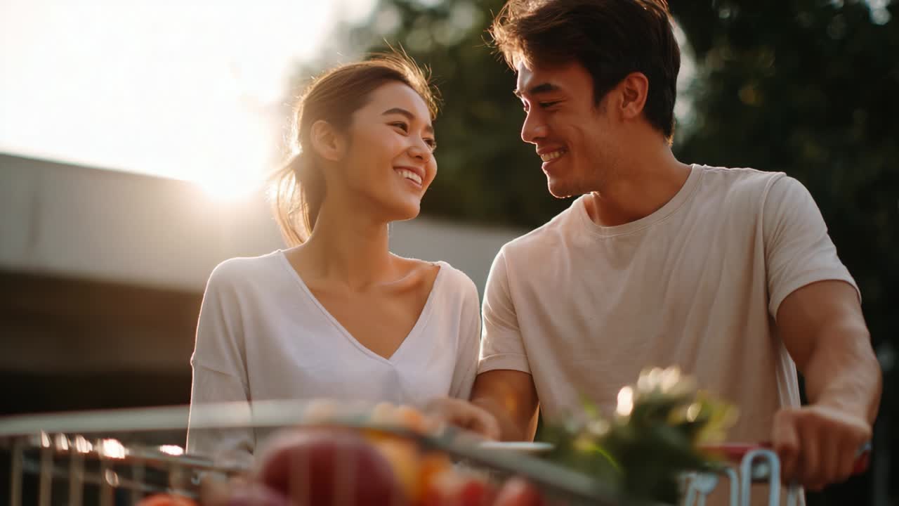 A joyful moment captured between two individuals, sharing smiles and laughter while shopping together in a sunny outdoor setting, emphasizing connection, happiness, and the joy of companionship