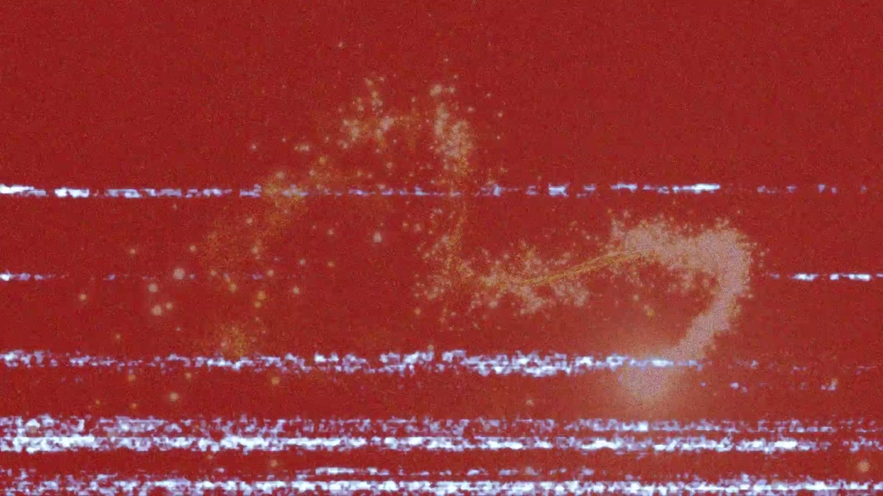 Animation of vhs glitch effect over golden shooting star against red background