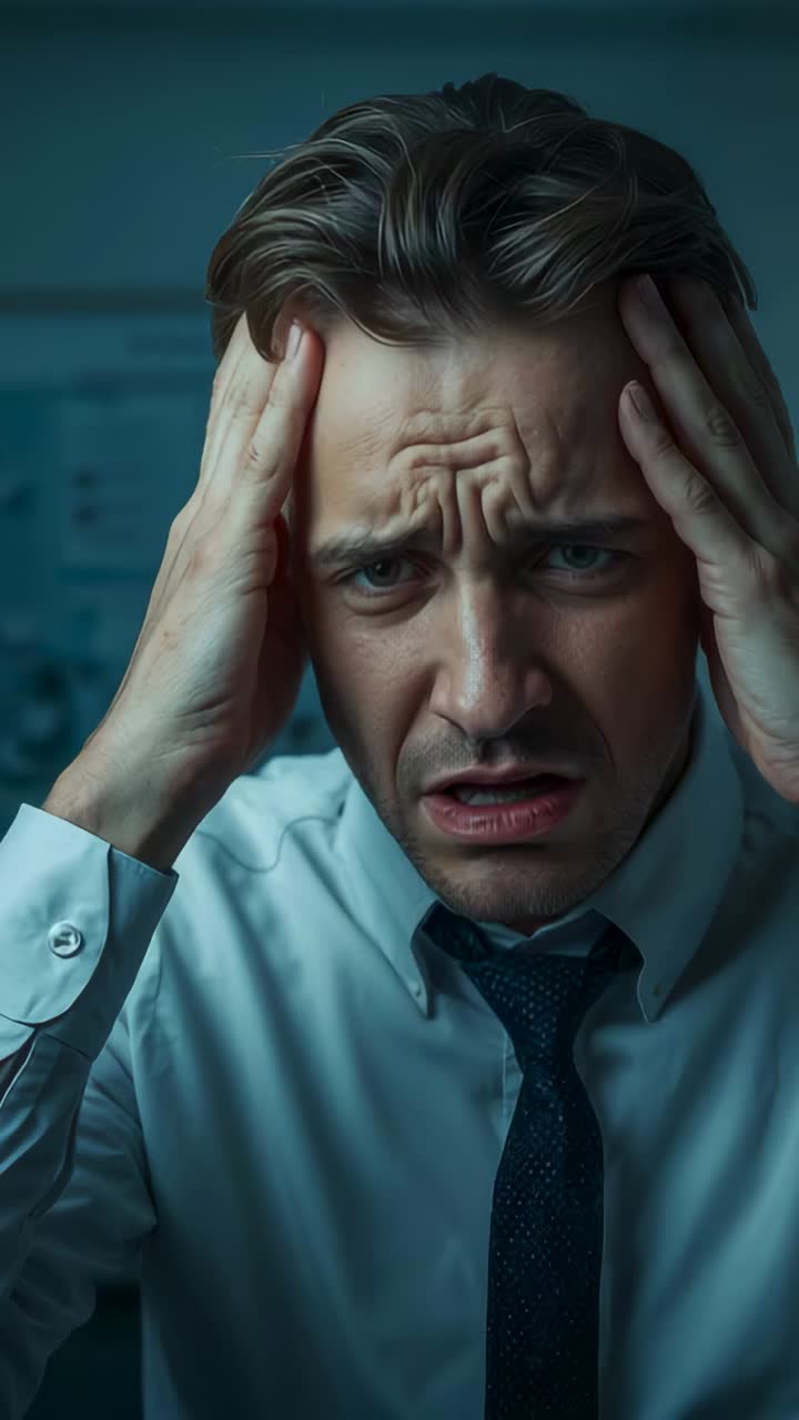 Vertical video: Pressing hands to temples, man showing stress in office in white shirt and dark tie