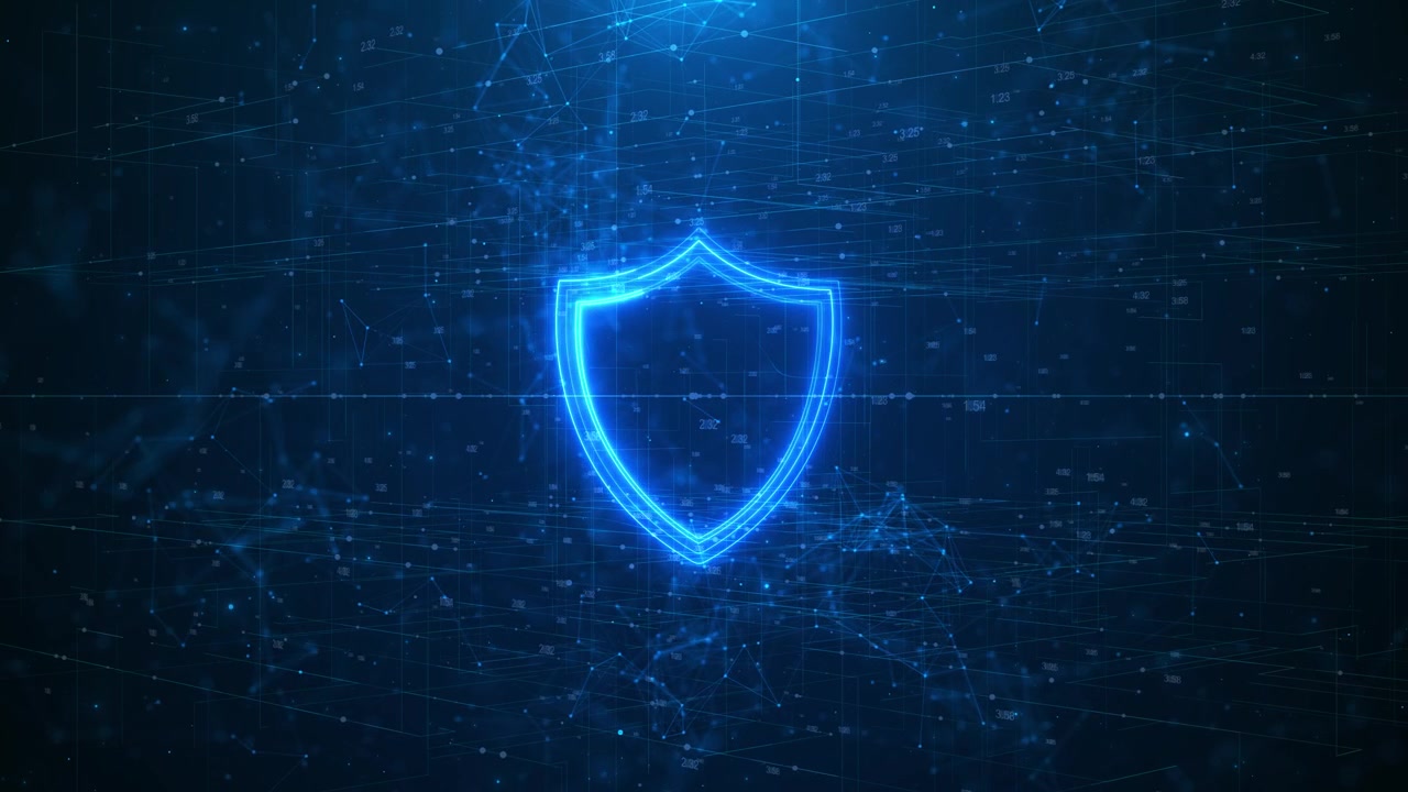 Blue cyber shield security background glowing icon network nodes numbers and digital grid lines