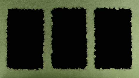 Three-vertical-black-pillarbox-for-video-or-image-in-video-with-earth-natural-green-textured-paper-background,-ready-for-luma-key