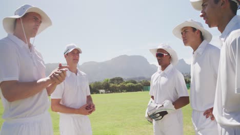 cricket players discussing on the pitch