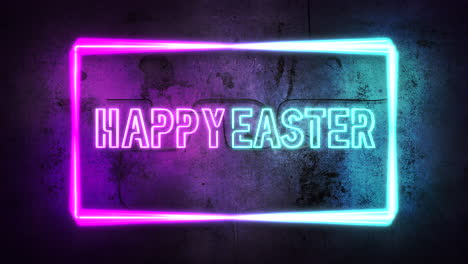 Animation-text-Happy-Easter-and-motion-colorful-neon-lights-on-wall-abstract-background-1