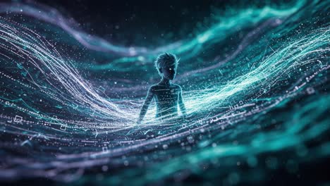 digital realm explores the fusion of technology and identity in an abstract representation of a human figure surrounded by flowing data streams