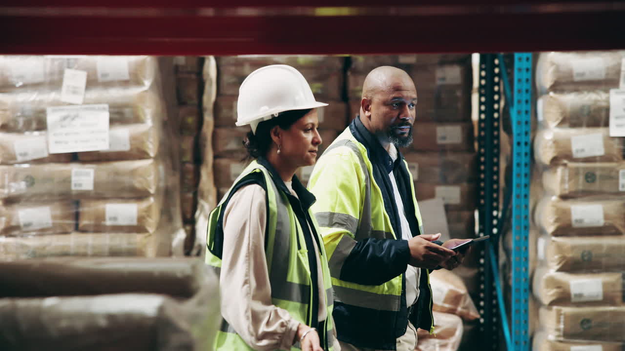 Warehouse workers checking inventory with a tablet