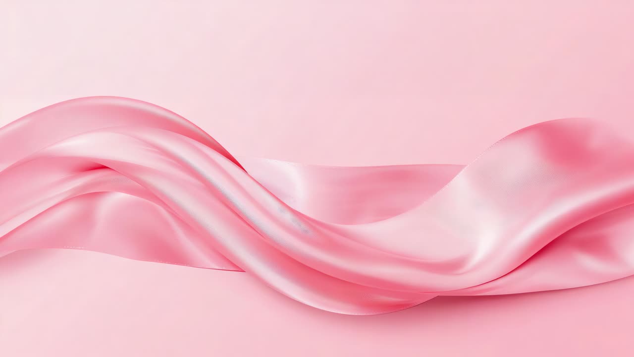 Un nastro di raso rosa che scorre, partendo dal bordo sinistro e muovendosi verso destra su uno sfondo rosa tenue, mostrando lucentezza.