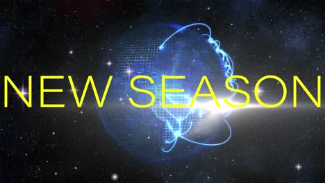 Animation-of-new-season-text-banner-against-glowing-light-trails-over-spinning-globe-in-space