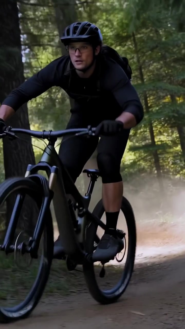 Video verticale: Biker che entra in una curva a destra, indossando un casco, affrontando una sponda nel bosco e mantenendo la velocità.