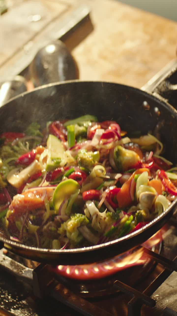 Stir-frying Vegetables on a Gas Stove