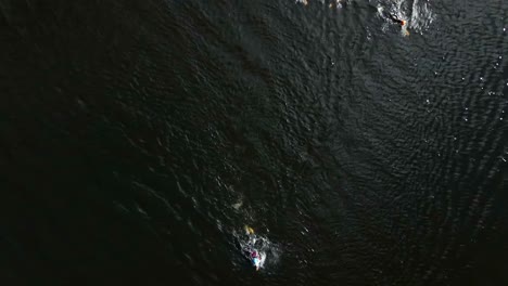 group of professional swimmers chasing leading swimmer, aerial birds eye