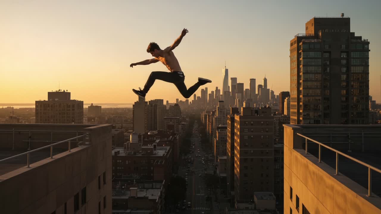 Daring Urban Acrobatics: A Performer Leaps Between Rooftops Against a Stunning City Skyline at Sunset, Showcasing Skill, Balance, and Fearlessness in Action