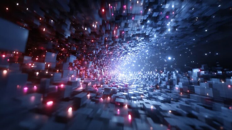 A mesmerizing journey through a digital tunnel of glowing cubes and shimmering lights, creating an immersive experience of vibrant motion and depth in a virtual space