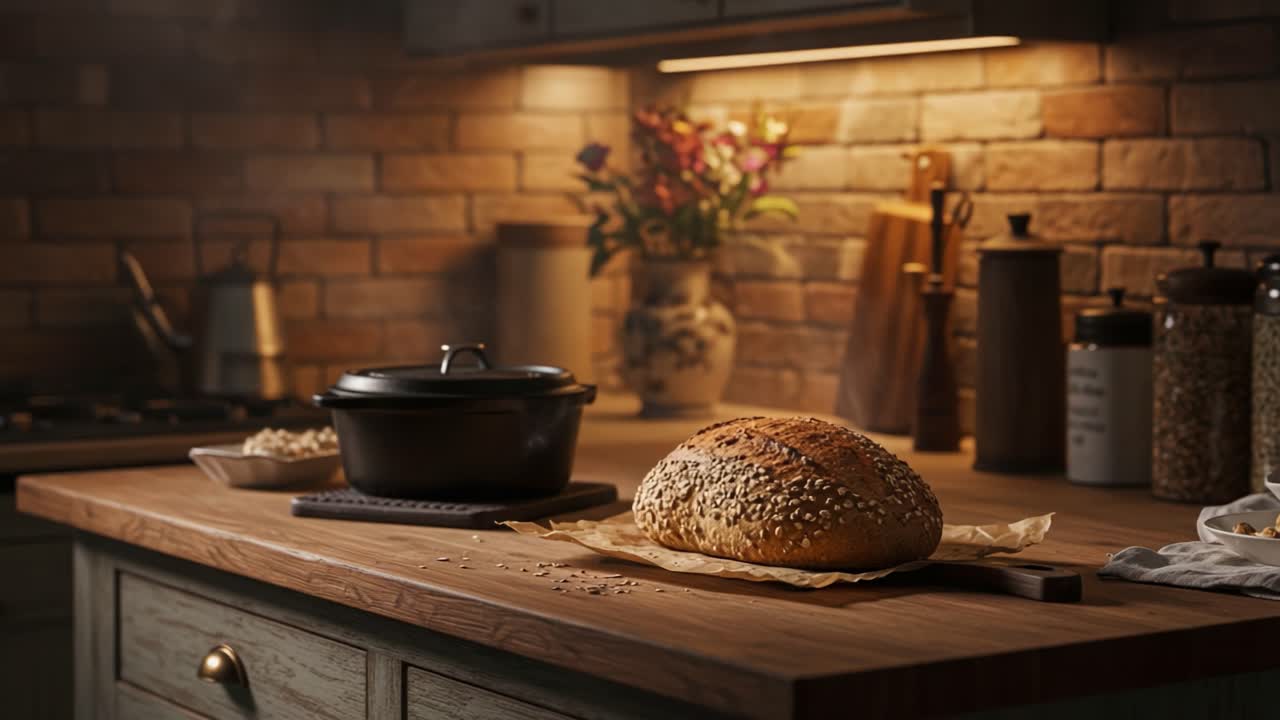 A Cozy Kitchen Scene Featuring Freshly Baked Bread and Rustic Décor in a Warm Atmosphere with Soft Lighting and an Inviting Environment