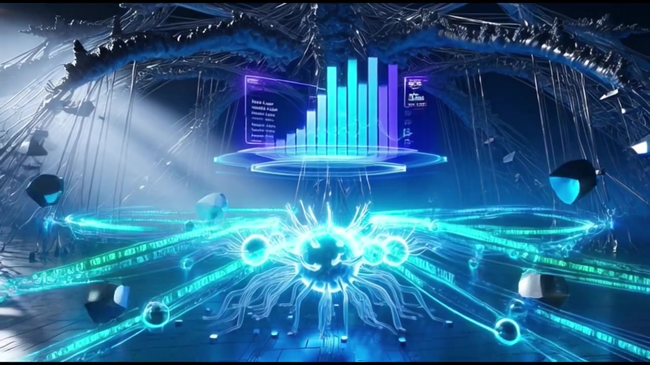 Abstract Digital Network Visualization with Glowing Data Nodes and Charts