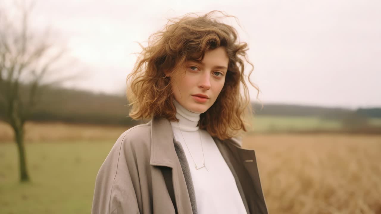 Side profile of a woman in a field, shot from a mid-angle