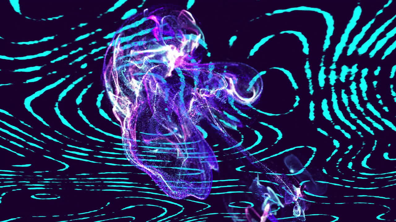 Neon-purple particle cloud being animated over dark navy void, with glowing turquoise contour waves