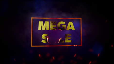 animation of white text mega sale, in gold frame, with red sparks on black background