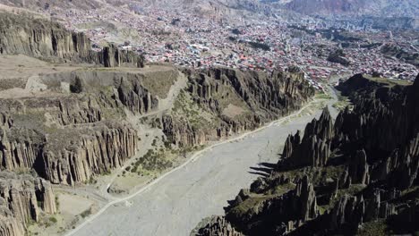 Aerial-Flyover:-Valle-De-Las-Animas-Erosion-Landscape-Near-La-Paz,-Bol