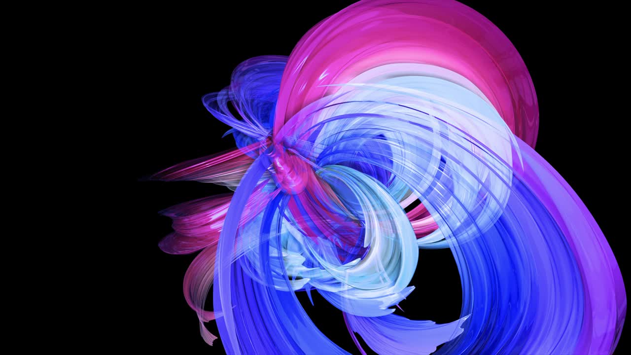 Abstrakte flerfarvede gennemsigtige bånd bevæger sig rundt på en sort baggrund. Motion graphics 3D loopende baggrund med røde og blå bånd. Luma matte som alfakanal. 26