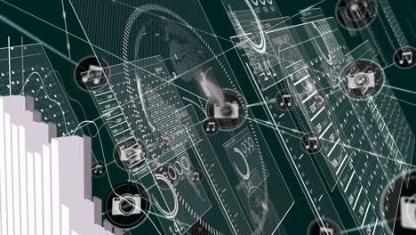 Animation of data processing over network of connections with icons