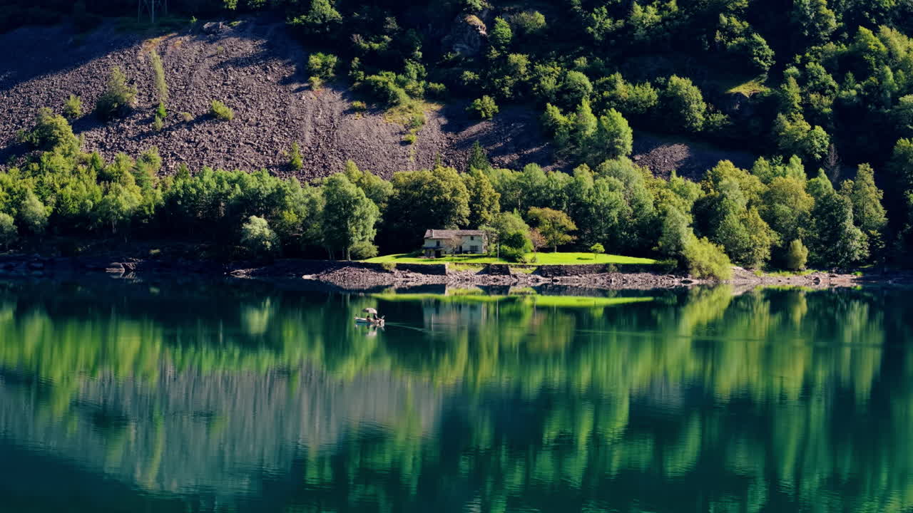 Tranquil Swiss lake view with lush trees reflecting on serene water