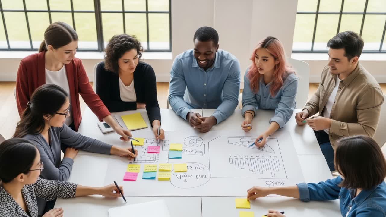 Collaborative Team Meeting Focused on Brainstorming and Planning, with Diverse Participants Engaging in Creative Problem Solving using Sticky Notes and Visual Aids
