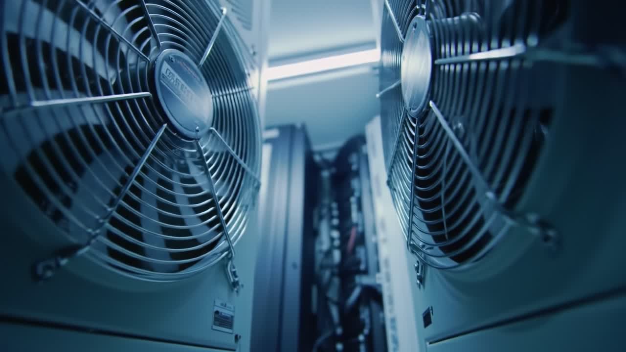 Discover the intricate design and powerful performance of a cooling system at a technology facility. Watch as the fans operate efficiently, ensuring optimal temperature control for equipment.