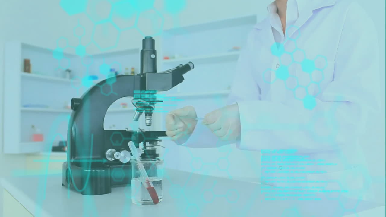 データ処理のアニメーションは研究室で働く白人の女性科学者についてです