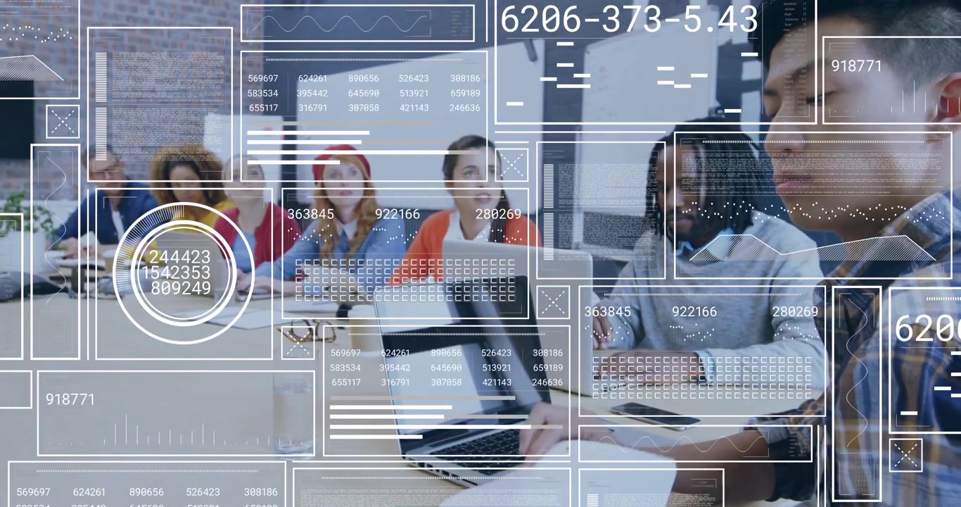 Presenter placing reports for business review team adjusting laptops while animated charts shifting