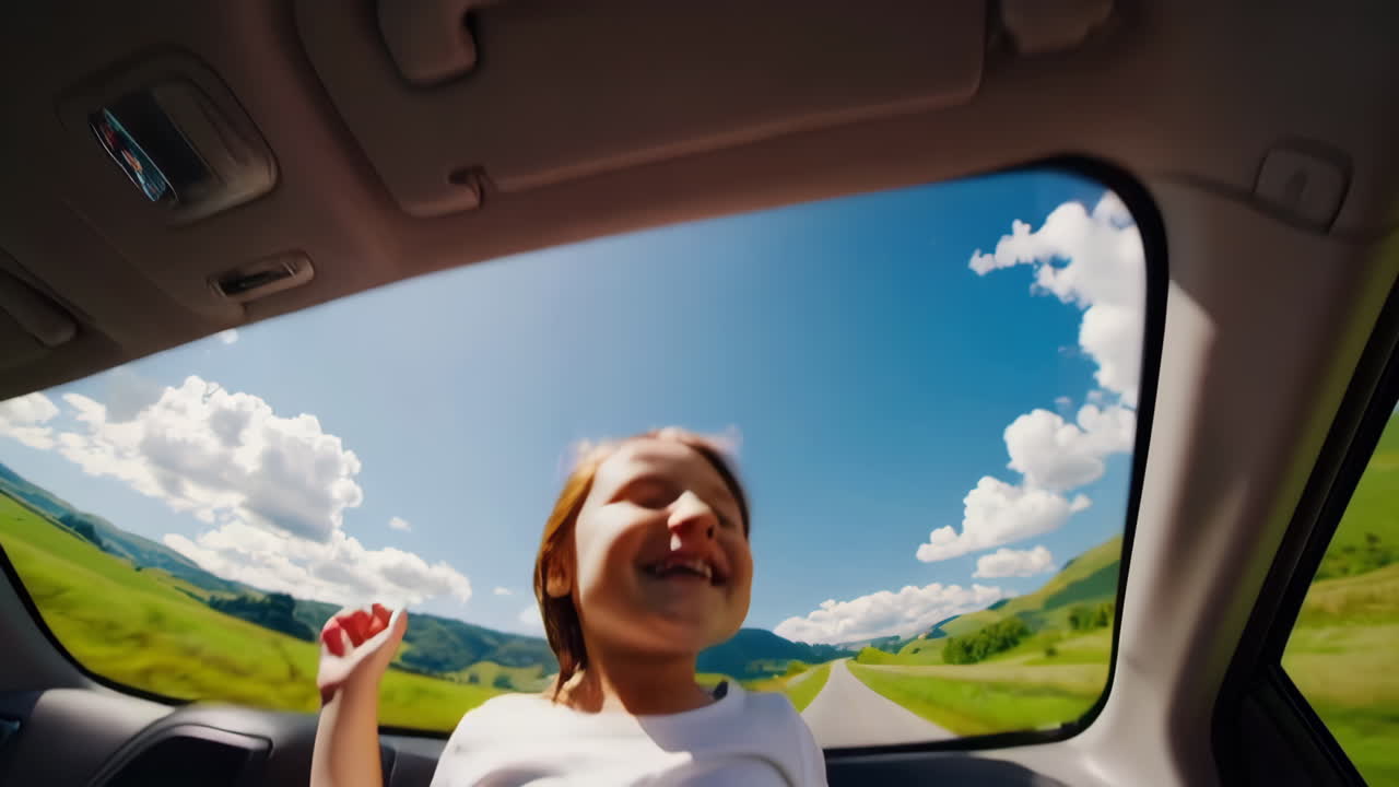Joyful child enjoying a car ride through the sunroof on a sunny day