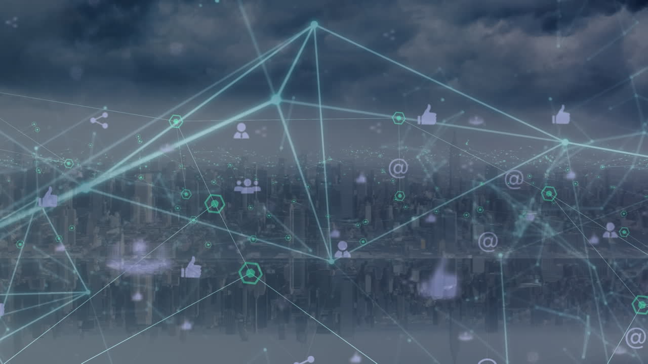 Animation of network of connections with icons over cityscape