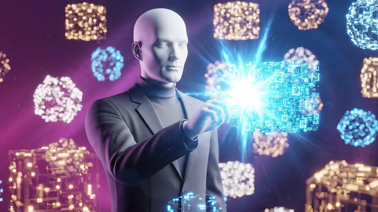 En digital figur står midt i et levende display af glødende geometriske former, der fanger essensen af futuristisk teknologi og kunstig intelligens i levende farver.