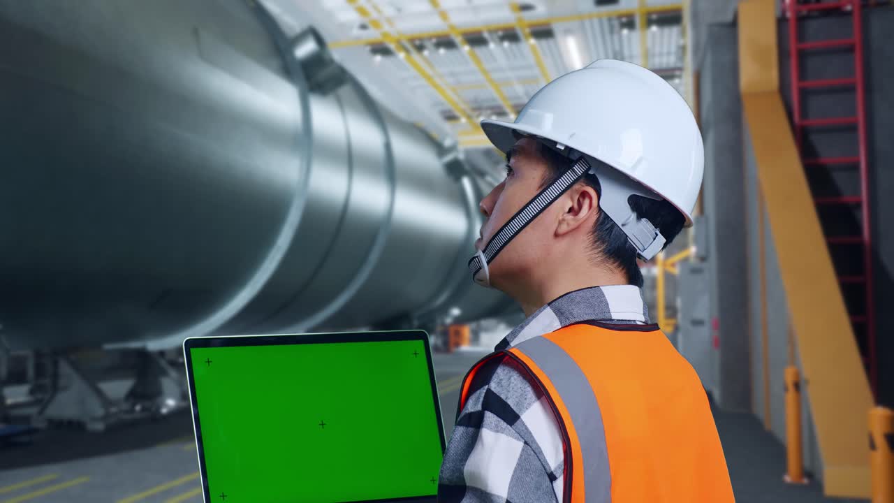 안전 헬을 입은 아시아 남성 엔지니어가 파이프 제조 공장에서 서서 녹색 스크린 노트북을 보고 주변을 둘러보고 있습니다.