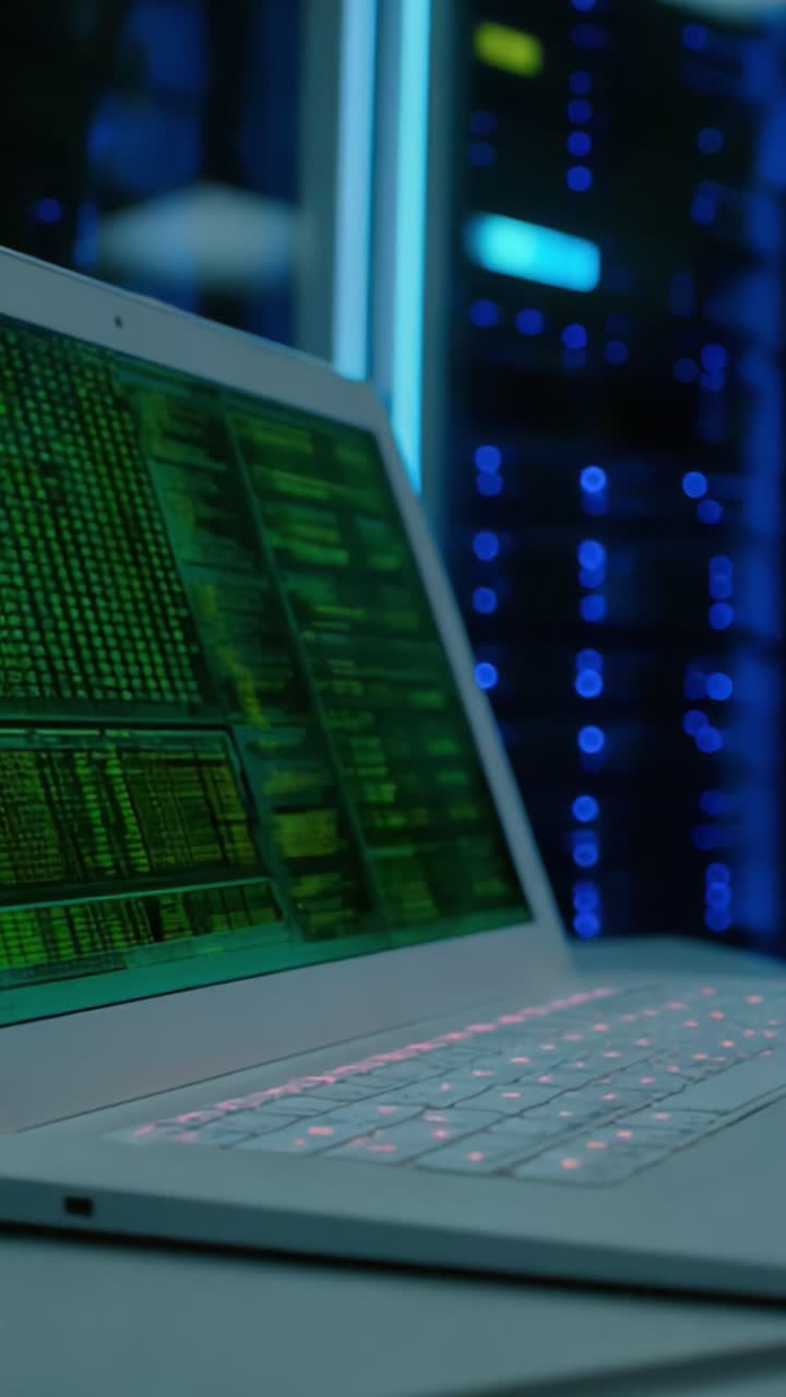 A Close-Up View of a Laptop Screen Displaying Complex Data Analysis in a High-Tech Server Room with Blue LED Lighting