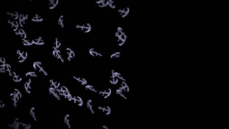 flying many anchors on black background. ship and boat anchor. marine icon. 3d loop animation of anchor rotating.
