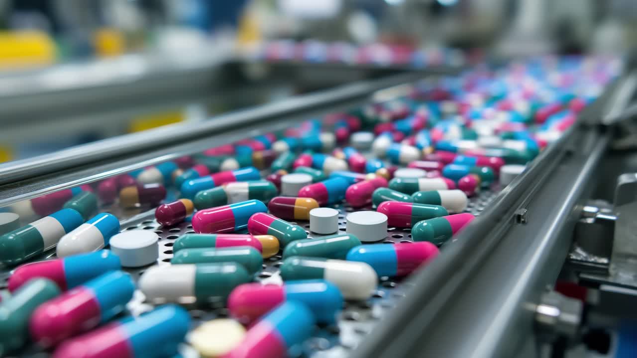 Medicine production line with automated conveyor belt transporting large quantities of colorful pharmaceutical pills and capsules during manufacturing process in industrial facility