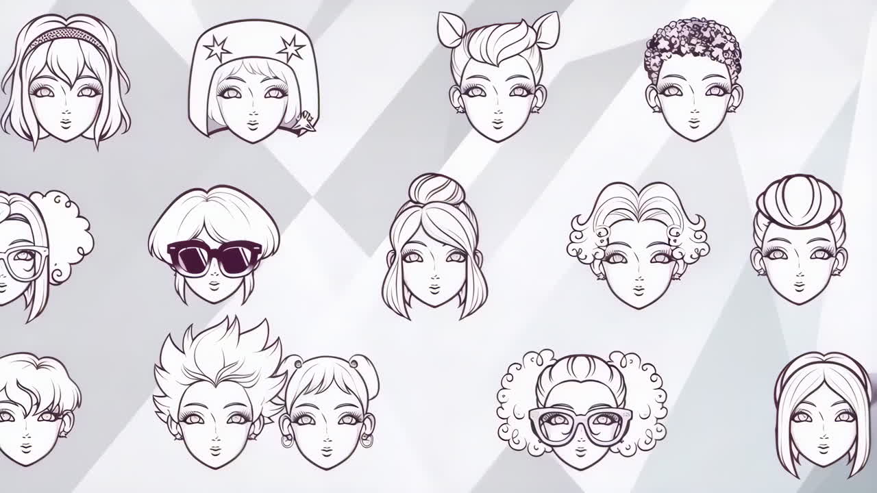 Collection of Stylized Female Faces with Diverse Hairstyles