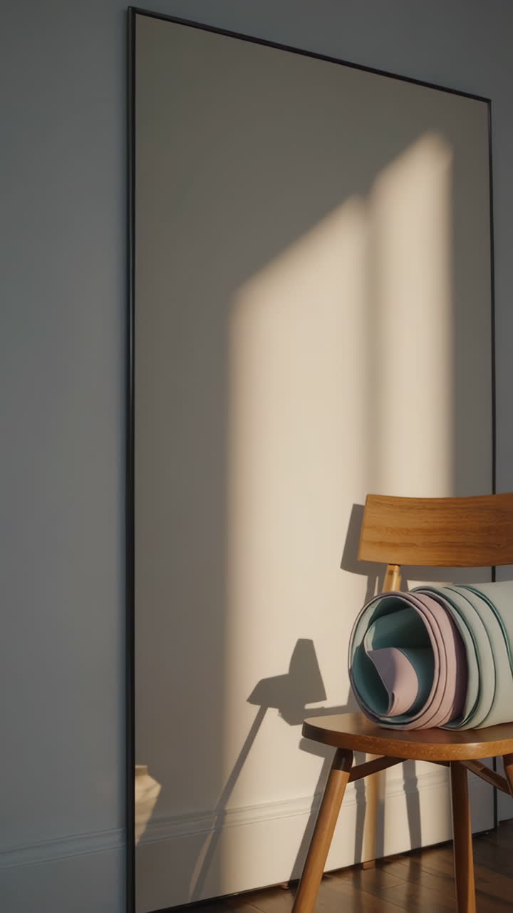 Stanza elegante con sedia di legno e tappetini da yoga