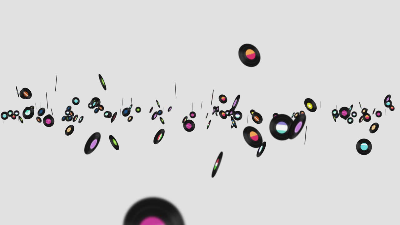 색 배경에 많은 비닐 레코드를 날아. 오래된 기술. 레트로 디자인. 음악 레코드 회전의 3d 애니메이션. 루프 애니메이션.
