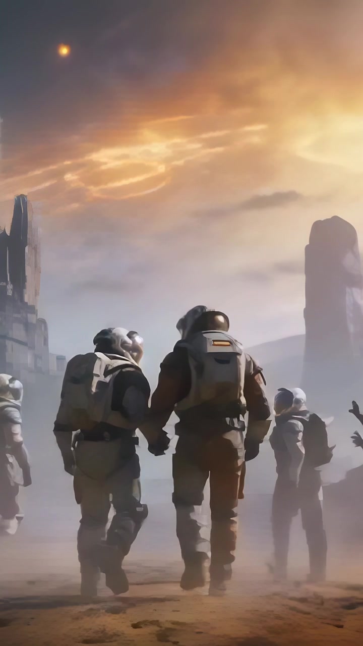 Vertical video: Moving five suited crew on signal, crossing dusty plain to spires with packs visors