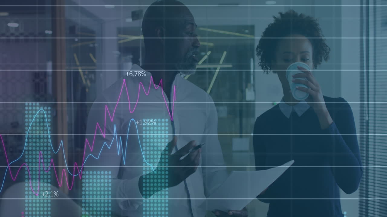 Animation of financial data processing over diverse business people in ...