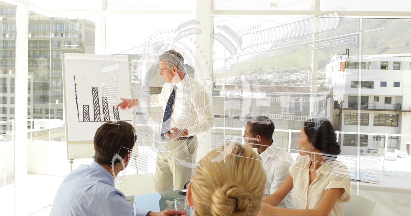 Animation of data processing over caucasian businessman giving a presentation at office