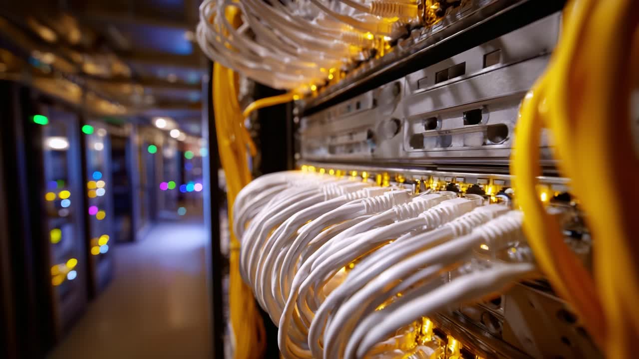 Close-up of Network Cables in a Data Center with Bright LEDs Showing Digital Connectivity and Infrastructure Essential for Modern Computing and Communication Needs