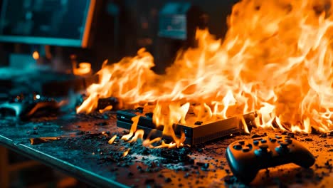 una consola de videojuegos en llamas con un controlador en la parte superior