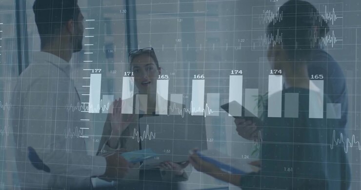 Business Team Collaborating in Modern Office with Data Analytics Overlay