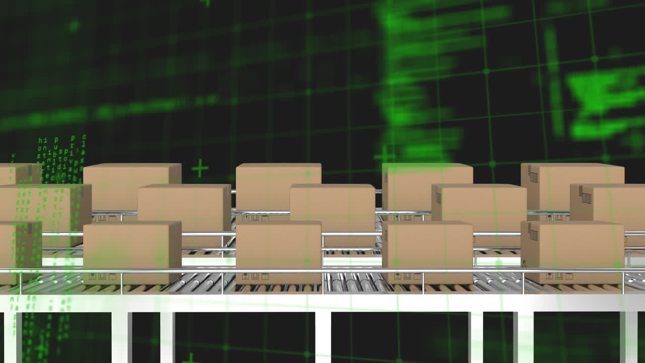 컨베이어 벨트에 있는 여러 배달 상자에 대한 그리드 네트워크를 통한 데이터 처리