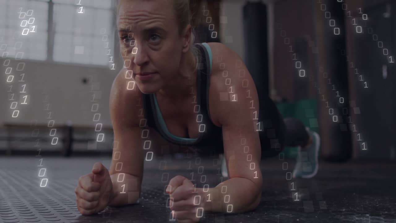 Woman holding forearm plank in gym, activating binary overlays around core for fitness analytics