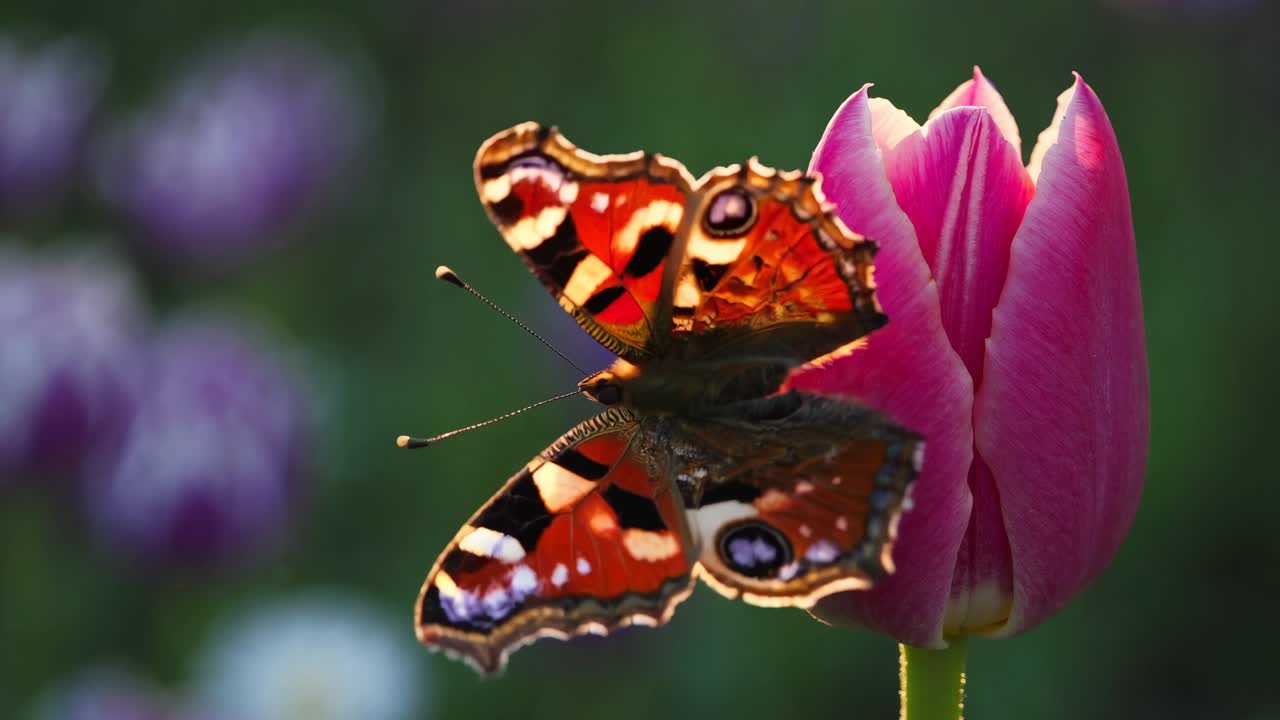 Un video di un giardino sereno cattura fiori vivaci in una luce solare soffusa, ripreso da un'angolazione bassa.